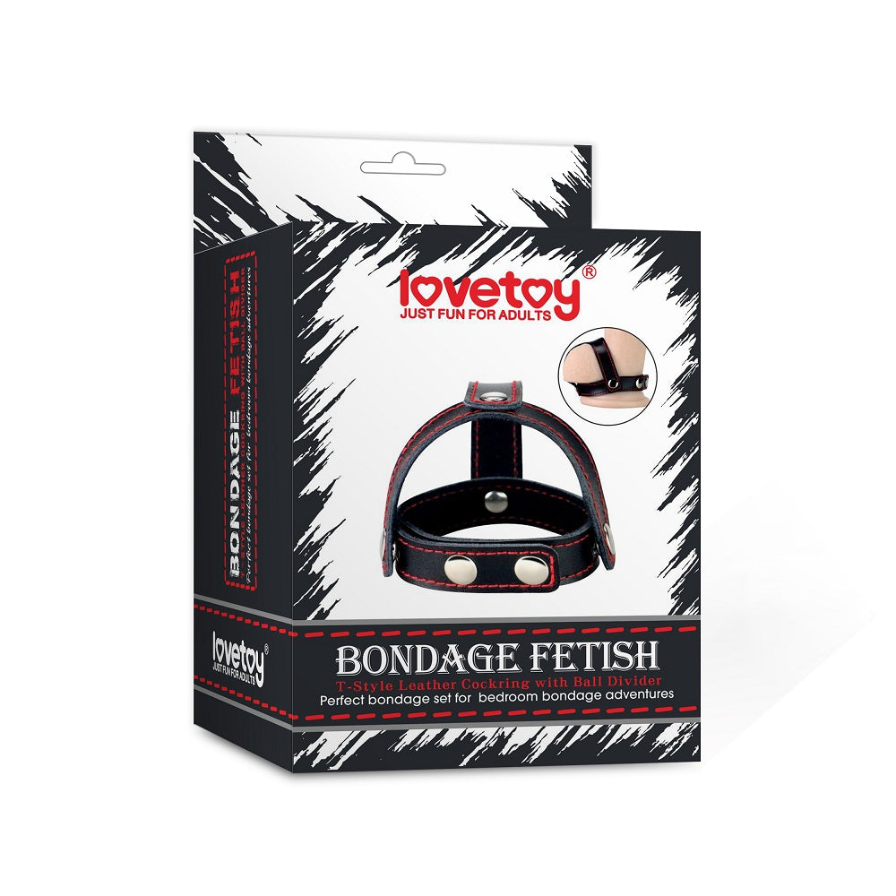 Bondage Fetish T-Style Leather Cock Ring with Ball Divider -  Cock Ring