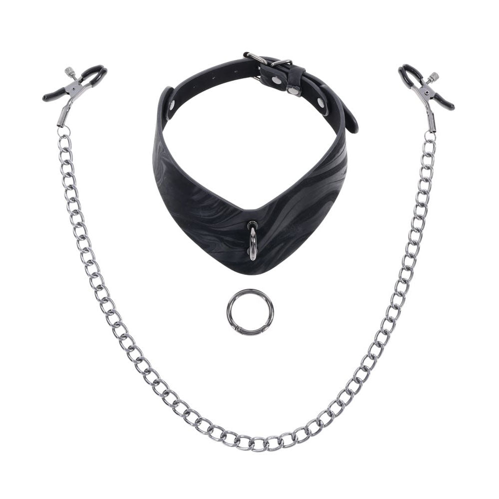 SPORTSHEETS Velvet Noir Collar & Removable Clamps -  Neck & Nipple Restraints